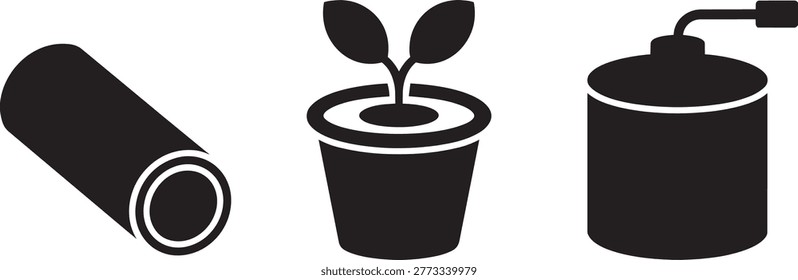 Black silhouette 3 icons set featuring an industrial pipe, a potted plant seedling, and a metal canister tank. Isolated vector illustrations on a white backgro.