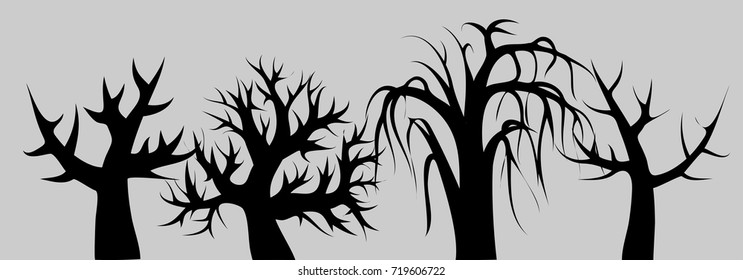 Black silhouette of a 4 curved deciduous trees in a frame on a gray background. Sketch, minimalism