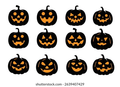 A black silhouette of a 6 Halloween pumpkins flat vector style with a plain white background. Halloween theme, simple and iconic design.