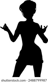 Black silhouette of abstract cartoon girl in short dress with ponytail. Cartoon character design, flat vector illustration.