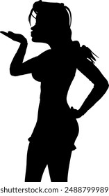 Black silhouette of abstract cartoon woman in short dress with ponytail, blow a kiss pose. Cartoon character design, flat vector illustration.