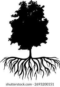 Silhueta preta da árvore deciduous abstrata com sistema raiz para o projeto da paisagem no estilo de desenho animado realista isolado no fundo branco