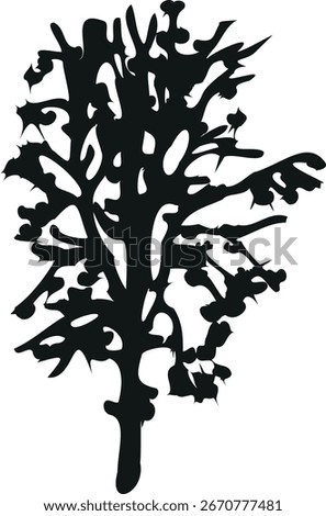 Black silhouette of abstract tree with branches and thorns isolated on white background	