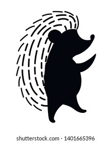 Black silhouette. Adorable hedgehog, forest animal. Spiny mammal. Hedgehog stand on two legs. Cute cartoon animal design. Flat vector illustration isolated on white background.