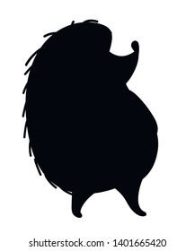 Black silhouette. Adorable hedgehog, forest animal. Spiny mammal. Hedgehog stand on two legs. Cute cartoon animal design. Flat vector illustration isolated on white background.