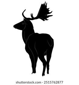 Black silhouette of an adult male deer with antlers, walking into the distance on a white background. Vector.