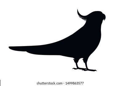 Black silhouette adult parrot of normal grey cockatiel (Nymphicus hollandicus, corella) cartoon bird design flat vector illustration isolated on white background