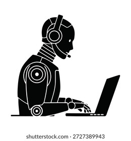 Silueta negra del ordenador operativo avanzado del trabajador androide para las tareas digitales remotas y la asistencia