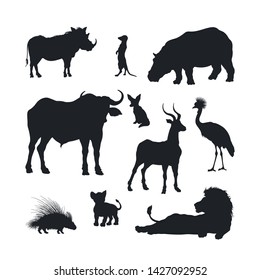 Black silhouette of african animals on white background. Isolated icon of lion, buffalo and gazelle. Wildlife of Africa. Savannah nature. Vector illustration