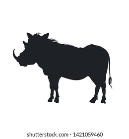 Black silhouette of african boar on white background. Isolated desert warthog icon. Wild animals of Africa. Savannah nature. Vector illustration 