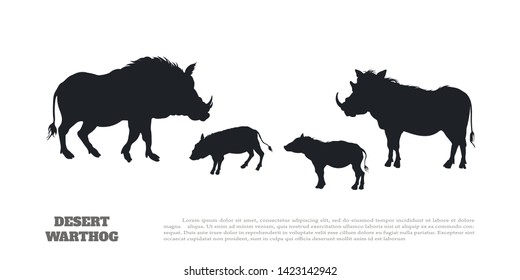 Black silhouette of african boar on white background. Isolated image of desert warthog family. Landscape with wild animals of Africa. Savannah nature. Vector illustration 