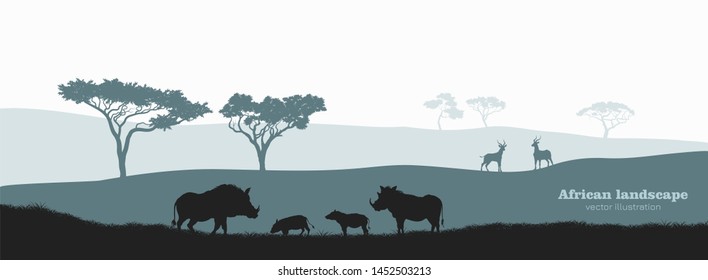 Silueta negra de jabalí africano. Paisaje con la familia del desierto. Paisaje con animales salvajes africanos. Escena de la fauna sabana. Afiche de viajes de África. Ilustración del vector