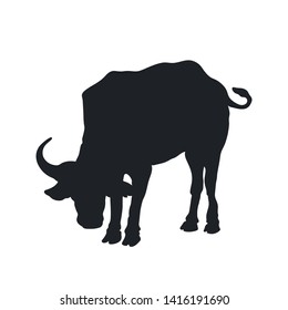 Black silhouette of african buffalo on white background. Isolated bull icon. Wild animals of Africa. Savannah nature. Vector illustration 