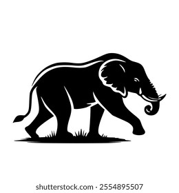 Black silhouette of an African elephant walking.Vector illustration isolated on white background.