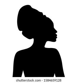 Black silhouette of African woman in headdress. Portrait in profile  Vector EPS10 illustration