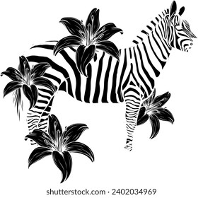 black silhouette of African Zebra, vector hand-drawn
