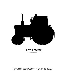 Black silhouette agricultural farm tractor. Vector illustration isolated on white background. Tractor side view, logo icon.