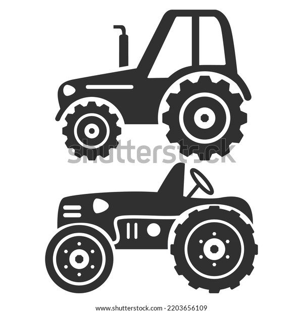 Black\
silhouette agricultural machinery tractor.\
Vector flat\
illustration.Isolated on white\
background.