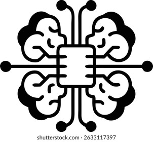 Black silhouette of an ai brain chip icon with transparency for digital design