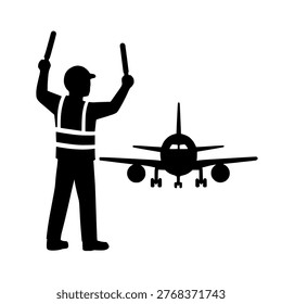 A black silhouette of an air traffic controller guiding an airplane with hand signals, wearing a reflective vest and cap, standing next to a commercial airliner on a white background.