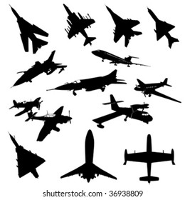 black silhouette airplane collection vector