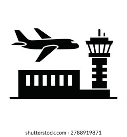 Black silhouette of airplane flying over airport terminal building and control tower
