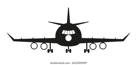 Silhueta preta de um avião, vista frontal. Símbolo de aviação. Um jato. Símbolo da aeronave da aviação civil. Ilustração vetorial EPS 10