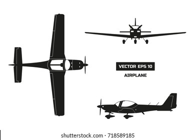 Black silhouette of airplane on white background. Fast sport aircraft. Industrial drawing of plane. Top, front and side view. Vector illustration