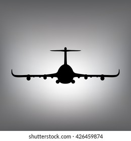 The Black Silhouette Of An Airplane. Plane In The Air. Front View.