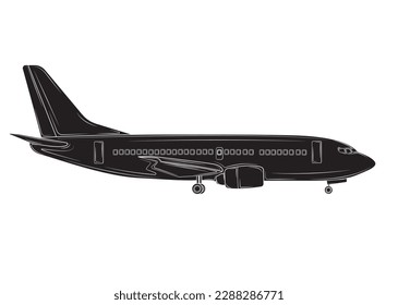 black silhouette Airplane in profile in isolate on a white background. Vector illustration.