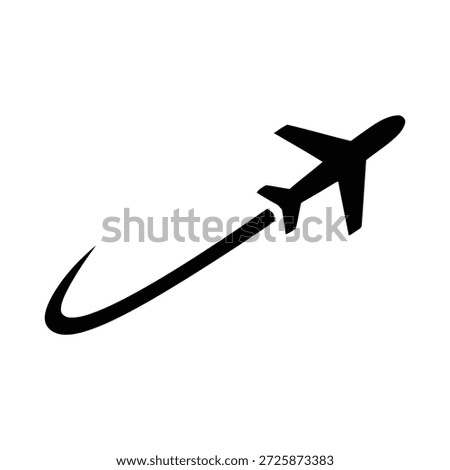 A black silhouette of an airplane taking off and ascending on a curved path.