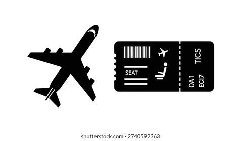 Black silhouette airplane with ticket