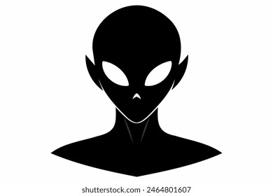 Silueta negra de la cabeza extraterrestre aislada sobre fondo blanco. Humanoide. Concepto de extraterrestre, diseño de ciencia ficción, ser espacial. Icono, impresión, pictograma, logotipo, elemento de diseño