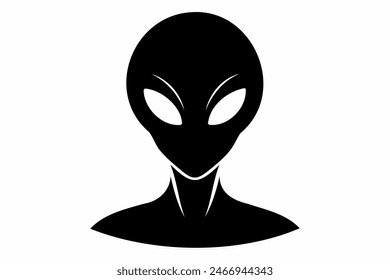 Silueta negra de la cabeza extraterrestre aislada sobre fondo blanco. Humanoide. Concepto de extraterrestre, diseño de ciencia ficción, ser espacial. Icono, impresión, pictograma, logotipo, elemento de diseño