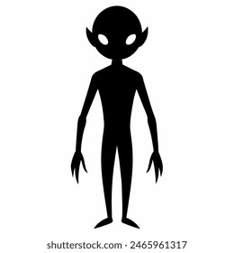 Black silhouette of an alien isolated on white background. Humanoid figure. Graphic art. Concept of extraterrestrial, sci-fi design, space character. Icon, print, pictogram, design element