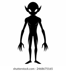 Black silhouette of an alien isolated on white background. Humanoid figure. Graphic art. Concept of extraterrestrial, sci-fi design, space character. Icon, print, pictogram, design element
