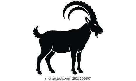 Black silhouette of an alpine ibex with large curved horns in profile view
