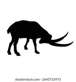 Silhueta preta de um íbex alpino. Cabra de montanha selvagem com grandes chifres em uma postura defensiva. Ilustração vetorial isolada sobre fundo branco.