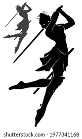 Black silhouette of an Amazon girl in an epic pose with a sword in her hands, she is ready to make a cutting blow. 2d illustration
