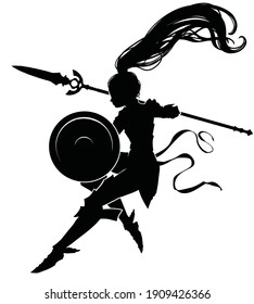The black silhouette of an Amazon girl floating in the air with a shield and spear at the ready, her hair flying beautifully in the air. 2d illustration