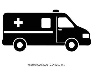 Black silhouette of an ambulance with a white cross and a thin white stripe. Simple vector style icon on white background.