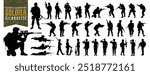 Black silhouette of american army soldier, veteran and military man with gun rifle or weapon isolated on white background. Salute soldier or usa army silhouette art for memorial day or fourth of july.