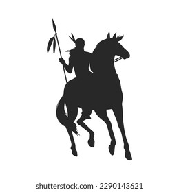 Black silhouette of American Indian holding spear on horseback flat style, vector illustration isolated on white background. Native, design element, traditional costume with feathers