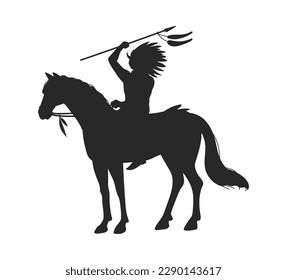 Black silhouette of American Indian on horseback flat style, vector illustration isolated on white background. Standing, decorative design element, character raises spear