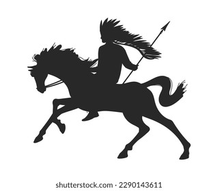 Black silhouette of American Indian riding on horseback flat style, vector illustration isolated on white background. Headdress with feathers, character holding spear in hand