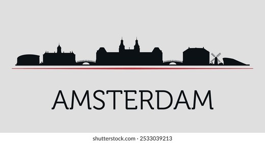 Black silhouette of Amsterdam city skyline, emphasized by red line with text. Vector on a gray background