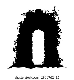 A black silhouette of an ancient archway covered in vines and foliage, set against a plain white background, emphasizing natural overgrowth and architecture.