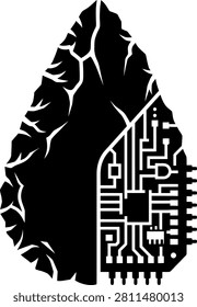 Black silhouette of ancient arrowhead merged with circuit board technology fusion design