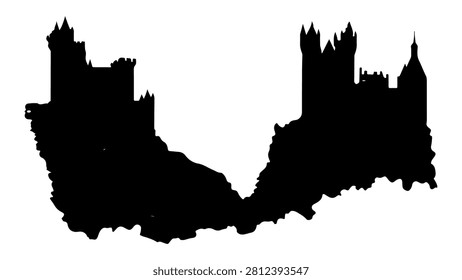 Black silhouette of an ancient castle featuring towers and fortified walls, set against a plain white background, emphasizing architectural details.