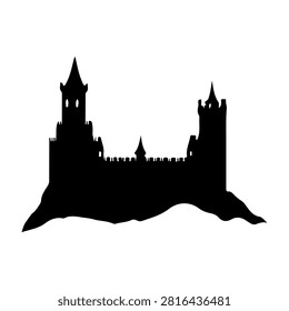 Black silhouette of an ancient castle featuring towers and fortified walls, set against a plain white background, emphasizing architectural design.